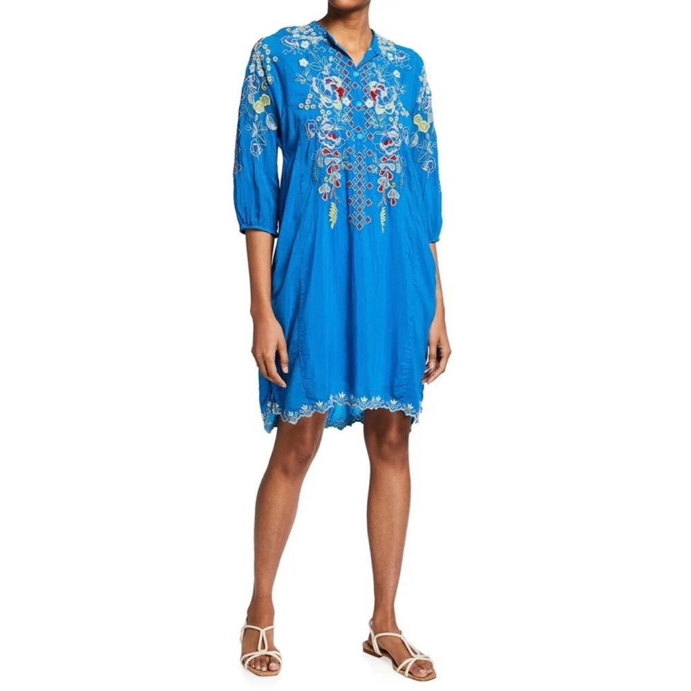 Johnny Was Nola Embroidered Tunic Dress Cobalt Blue‎ Bright Boho Long Sleeve
